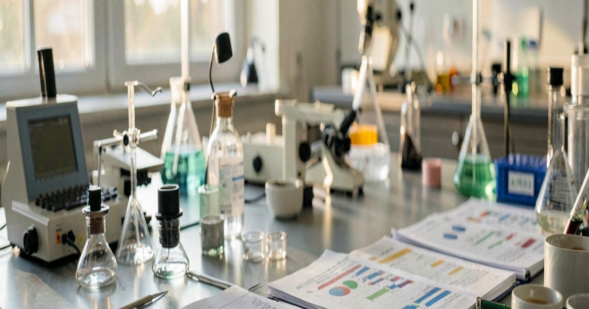 A research laboratory bench covered in neatly arranged equipment and printed data charts, abandoned mid-experiment, warm afternoon light through a window