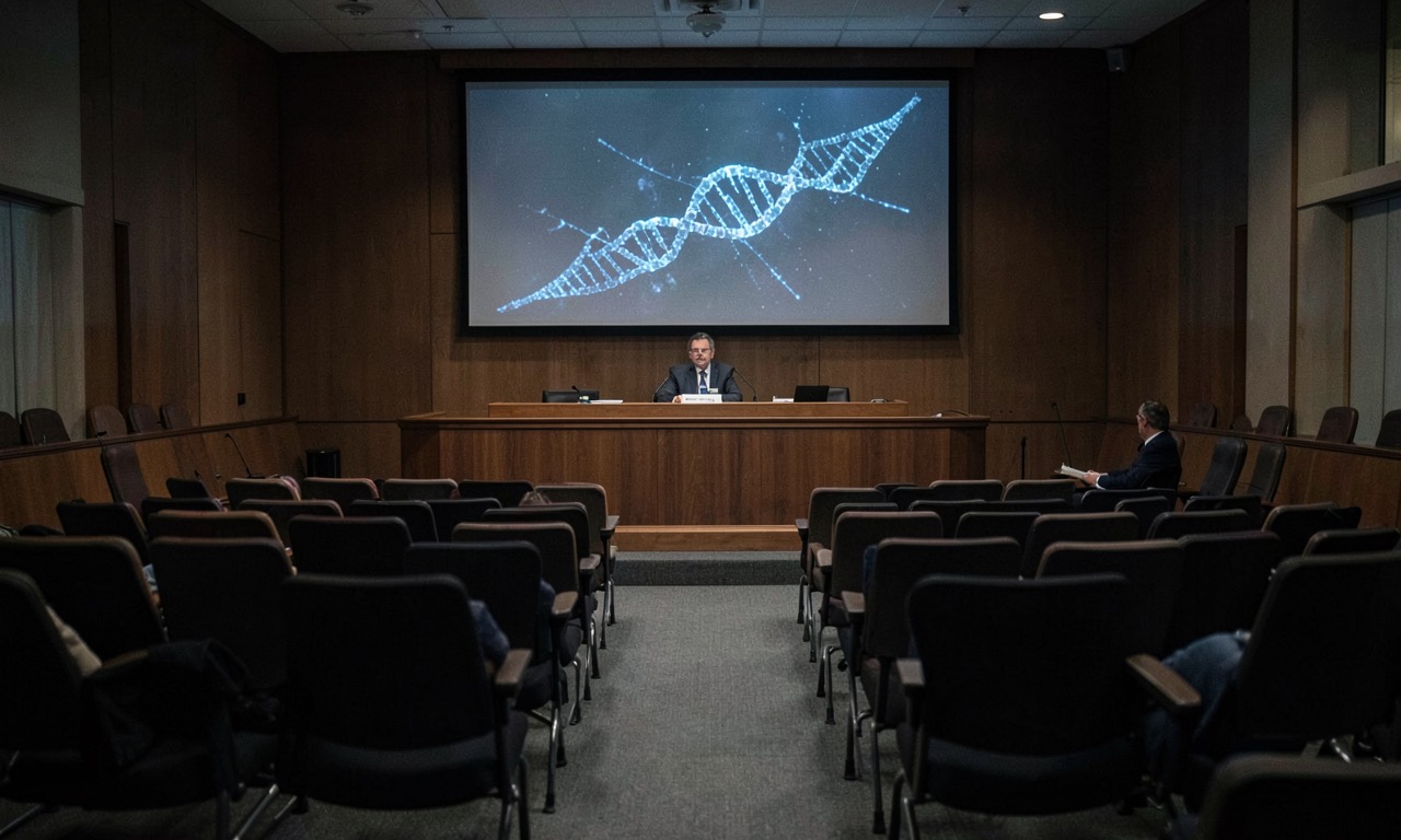 A congressional hearing room with four empty chairs facing a panel, a single DNA double helix projection on the wall screen, muted lighting, documentary photography style