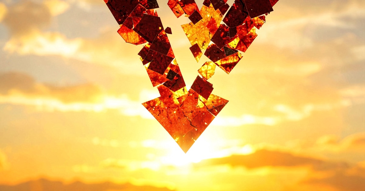 Abstract composition of red and orange downward arrows formed from semiconductor wafer fragments, falling against a bright golden sunrise sky, vibrant warm lighting