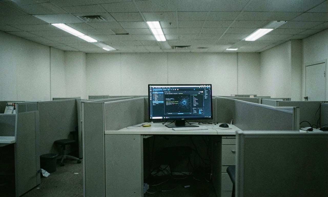 Empty office cubicles for junior staff with AI dashboard glowing on screen, cold fluorescent lighting, documentary style