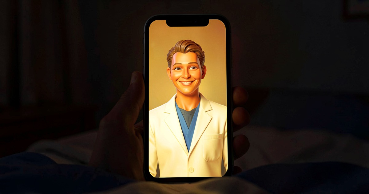 A smartphone screen glowing in a dark room showing a stylised medical professional figure with an uncanny artificial appearance.