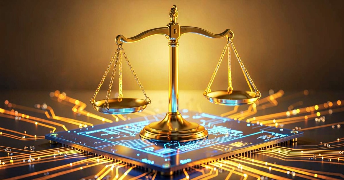 A pair of golden scales of justice balanced on a glowing circuit board, with data streams flowing beneath, representing the legal questions posed by autonomous AI hacking incidents.
