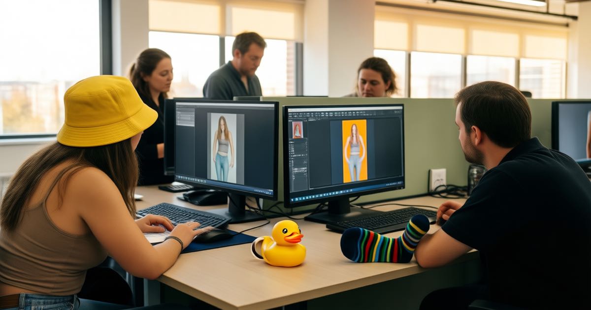 Rows of workers at laptops in a large office space — the human layer between AI systems and the work they are changing