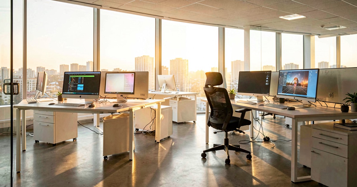 An empty modern office with glowing computer screens and a single chair pushed back, bright morning sunlight streaming through floor-to-ceiling windows