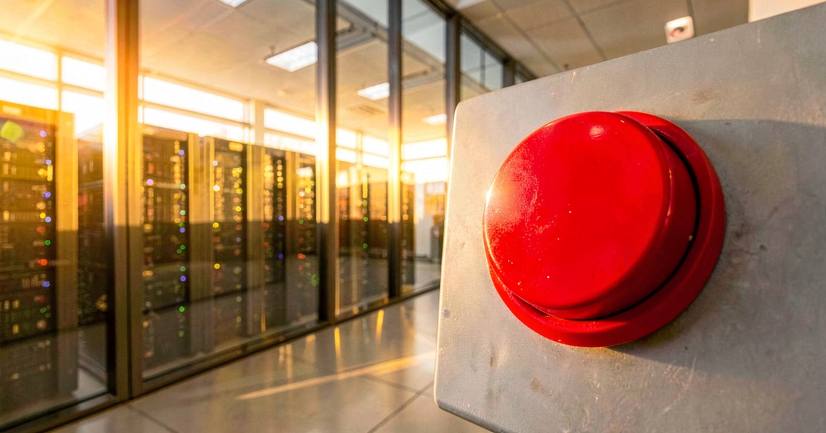 A bright red emergency stop button on a control panel overlooking a modern data center with warm sunlight streaming through glass walls