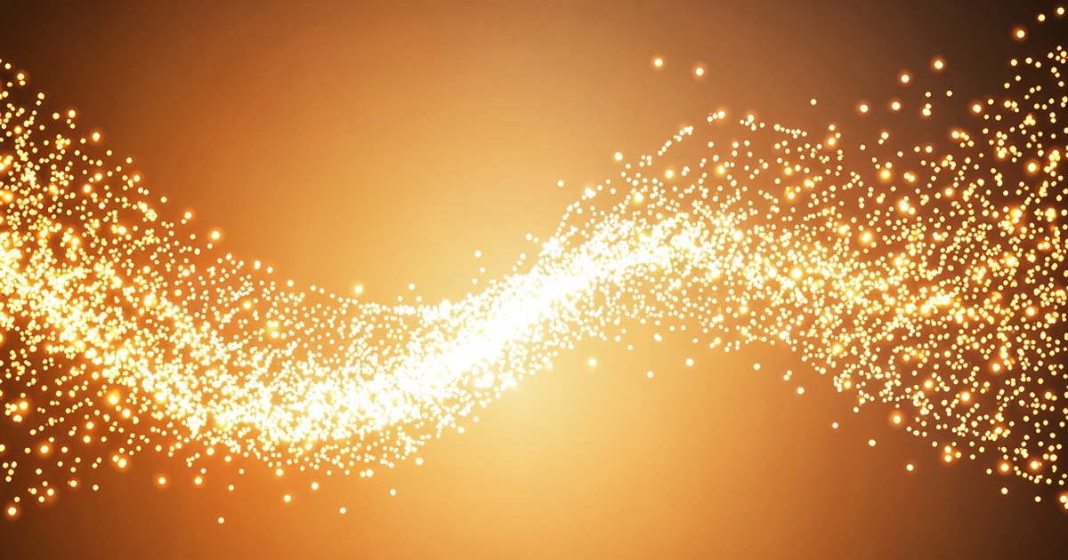 Abstract composition of hundreds of small bright glowing points arranged in a flowing wave pattern across a warm sunlit gradient background, no text visible
