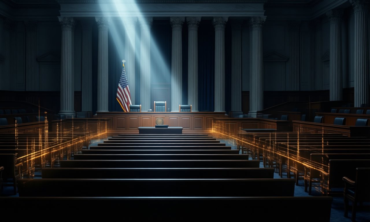 A vast dark courtroom seen from the public gallery, empty benches in shadow, a shaft of cold light on the judge's bench and the US flag, faint amber data streams between the benches, cinematic editorial illustration