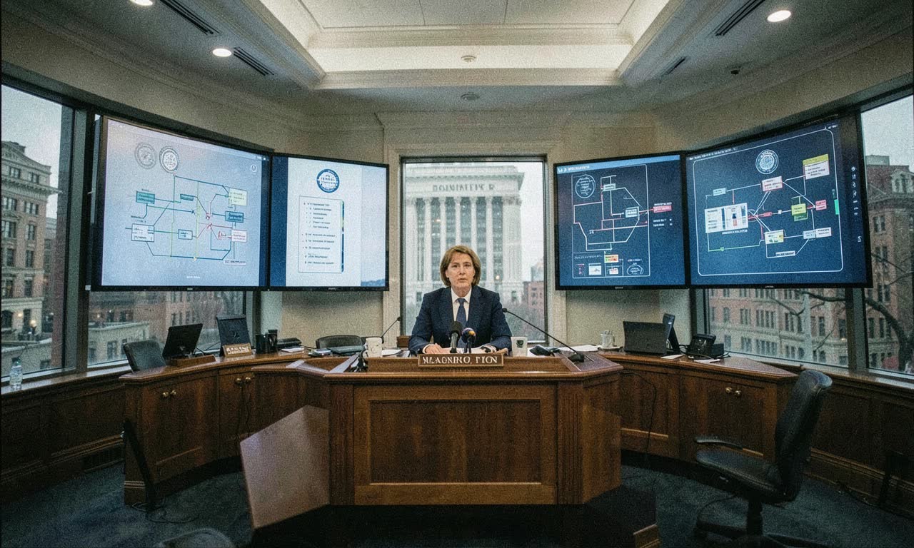 White House press room with screens showing AI model flowcharts and security seals, documentary photography style, overcast Washington DC lighting