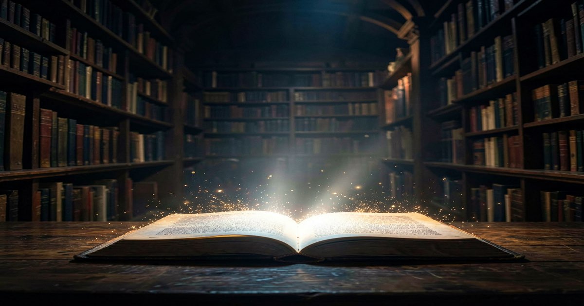 A dark library with books on shelves, one book lying open on a table with a bright scanner light passing over it, the book slowly dissolving into particles, somber and ominous lighting, no text no logos no letters no signs