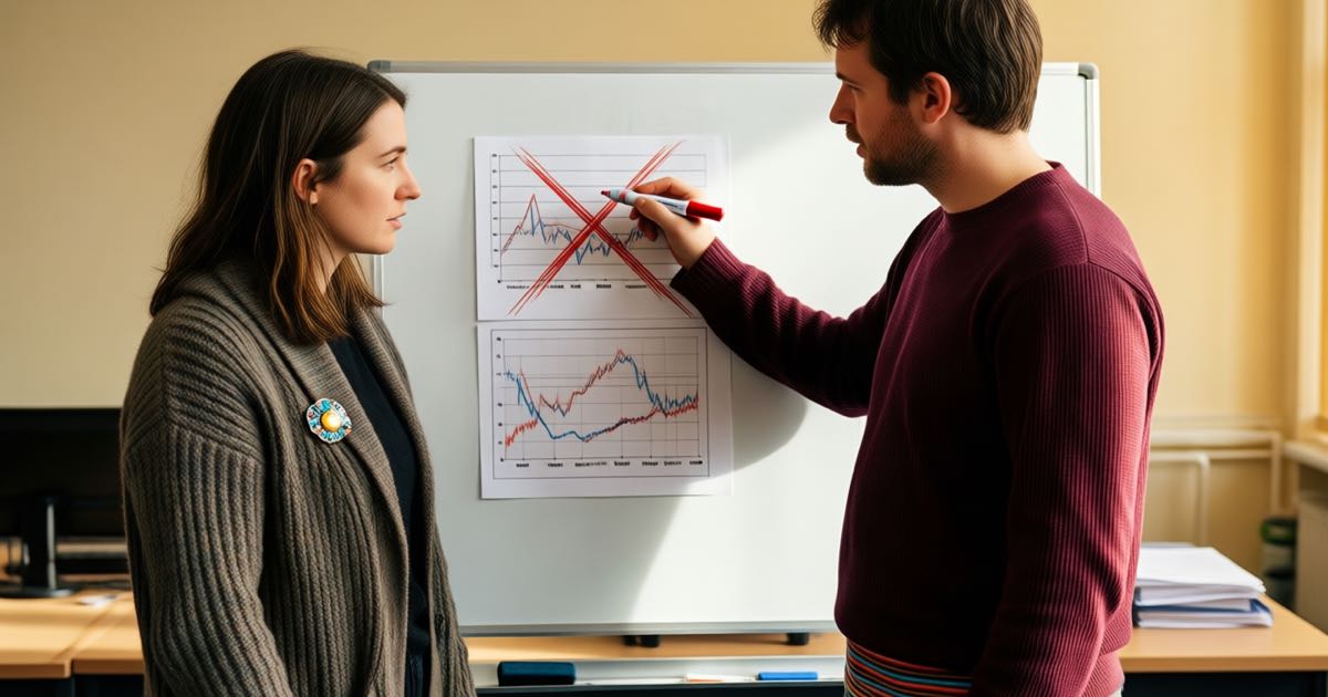 Two analysts beside an office whiteboard cross out a printed forecast chart in thick red strokes, one holding a red marker, the other in a woollen cardigan with an enamel pin.