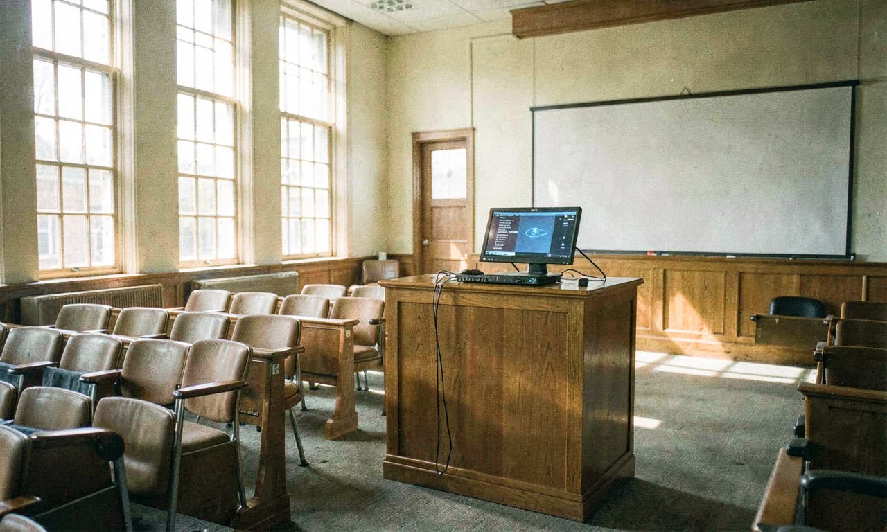 A university lecture hall with empty seats and a single AI terminal, morning light through windows