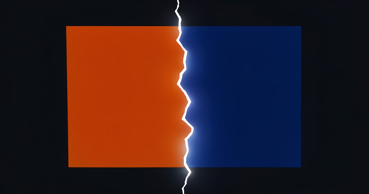 A dark abstract composition showing two overlapping geometric shapes in orange and blue, separated by a jagged fissure of light, suggesting digital division