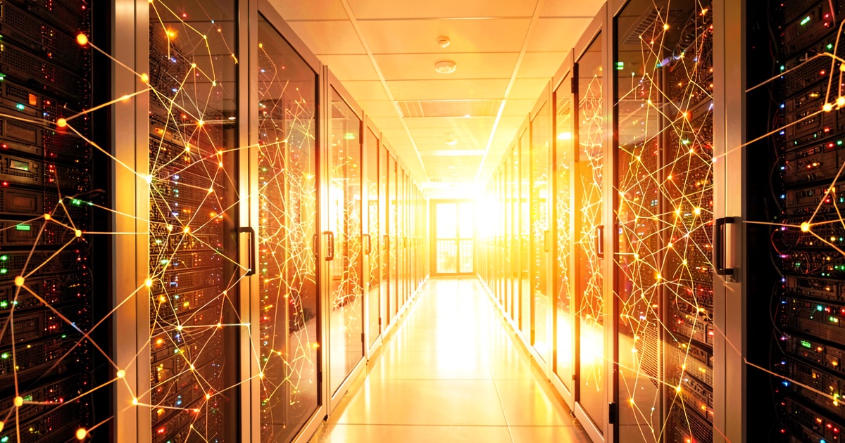 A bright sunlit data centre corridor with rows of glowing GPU servers in warm golden light, abstract neural network patterns overlaid on glass panels