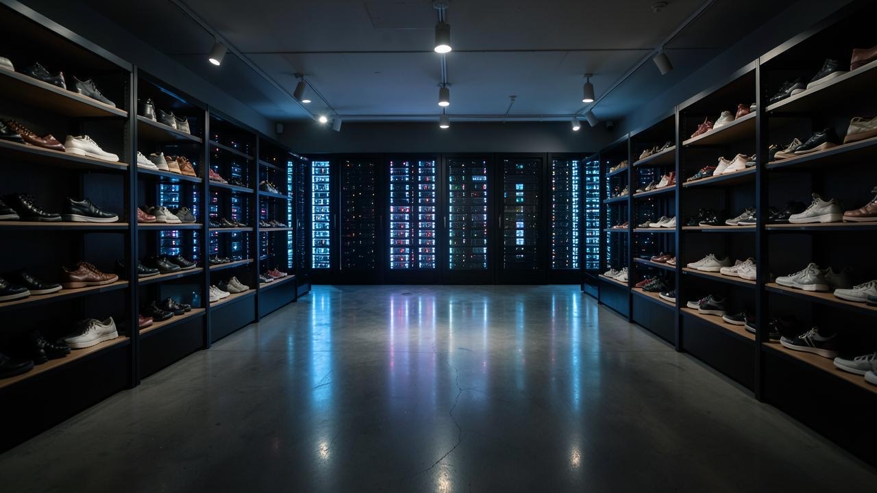 Empty shoe store interior with GPU servers glowing in the background, symbolizing Allbirds' pivot from footwear to AI infrastructure