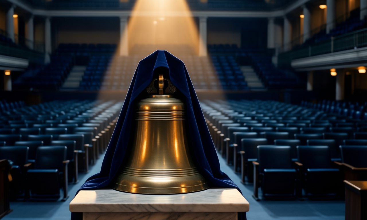 A polished brass ceremonial bell draped with a navy cloth on a marble pedestal, lit by a single spotlight in a vast empty stock exchange hall