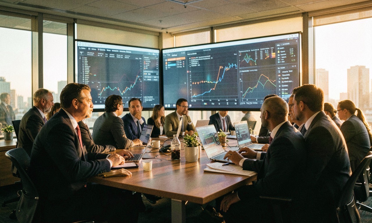 Corporate executives in a modern boardroom reviewing AI spending charts, warm golden hour lighting, documentary style