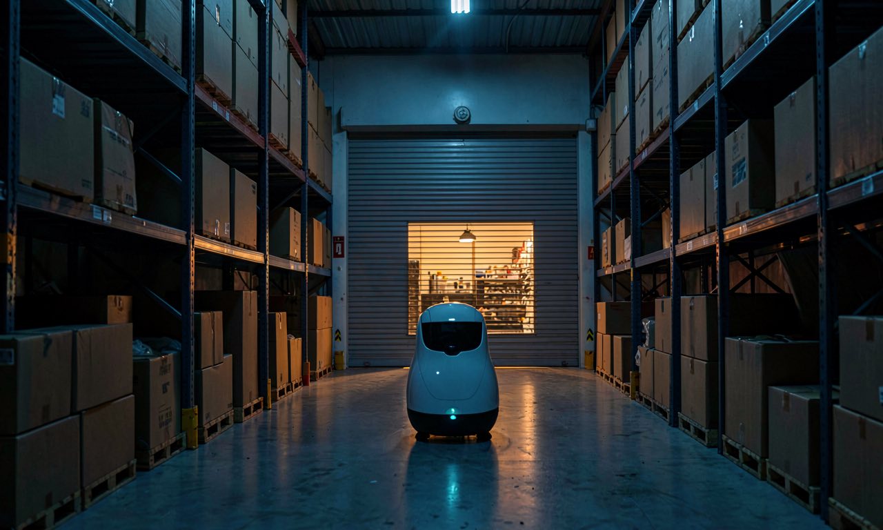 A white humanoid shopping robot paused before red barrier tape in a dark warehouse aisle, warm light glowing beyond the barrier, no text