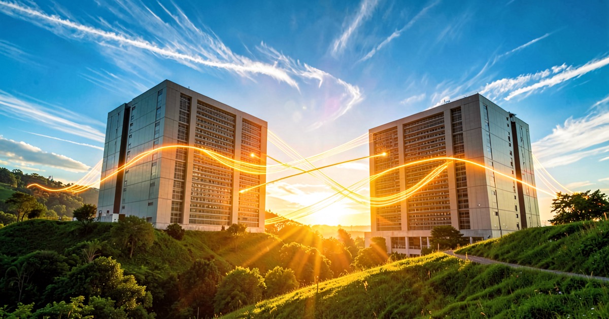 Bright vibrant warm golden hour scene of two massive data centre buildings on a green hillside with sunlight streaming between them and glowing amber light trails suggesting data flow