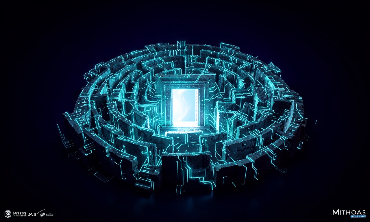 A futuristic glowing digital representation of a mythical labyrinth, symbolizing Mythos-class intelligence