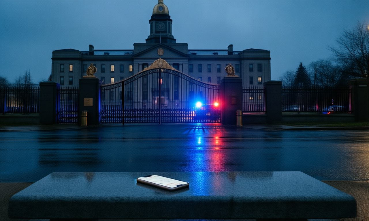 A smartphone glowing face-up on a wet stone bench outside a city police headquarters at dusk, red and blue light reflecting on the pavement