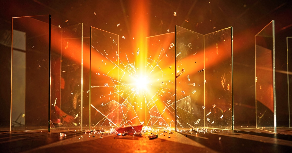 Abstract composition of a bright orange beam of light breaking through a series of translucent glass panels representing security barriers, warm golden lighting, no text visible