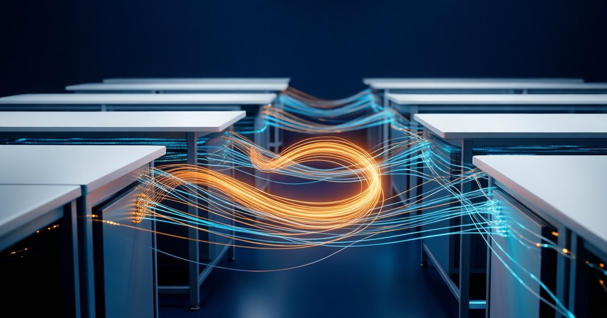 A minimal research laboratory with glowing amber and cyan data filaments flowing between workbenches, one bright thread looping back on itself