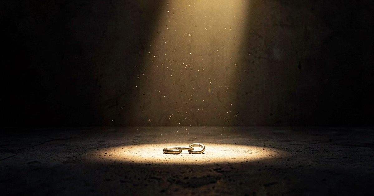 A beam of warm golden light breaking through darkness onto a concrete surface, a small broken chain link visible in the light, cinematic atmosphere