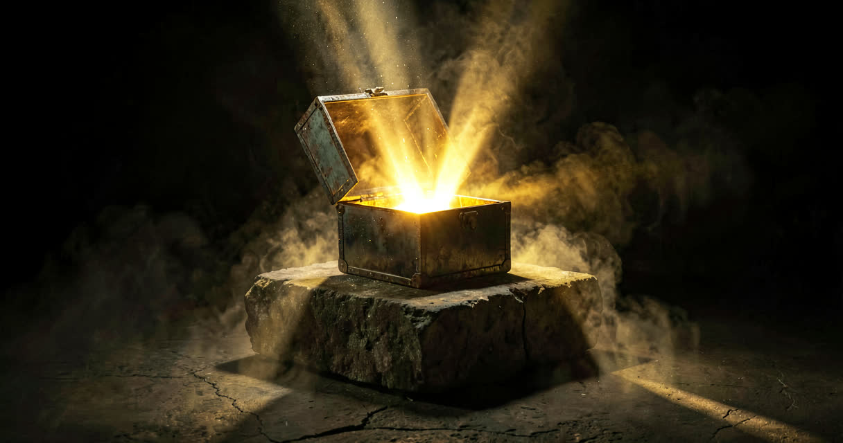 A glowing open metal box on a stone pedestal emitting golden light and mist into a dark chamber