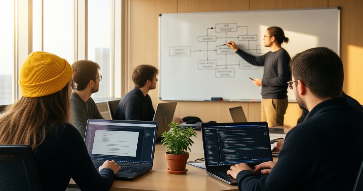 Engineers at laptops in a corporate training room while an instructor sketches a system diagram on a whiteboard, one wearing a bright mustard beanie, warm morning light, documentary editorial photography