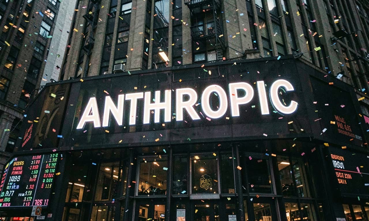 Wall Street building with ANTHROPIC projected in bold light, IPO confetti
