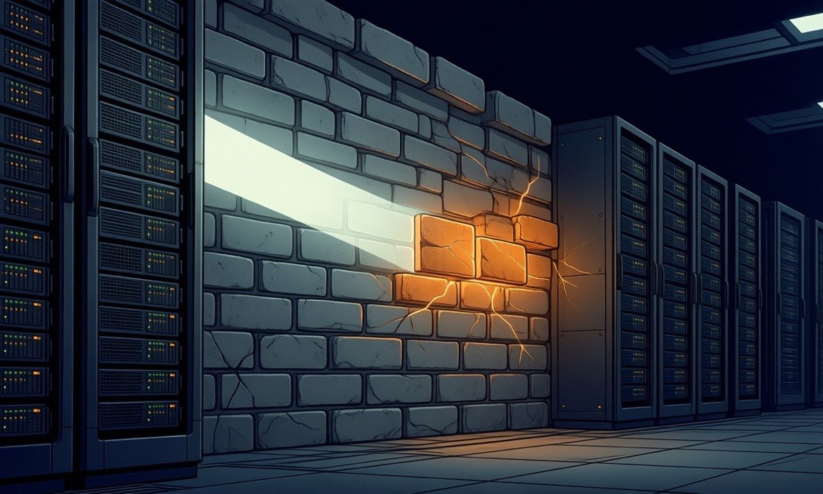 A beam of light scanning a wall of dark server-rack bricks and illuminating hairline cracks in three of them