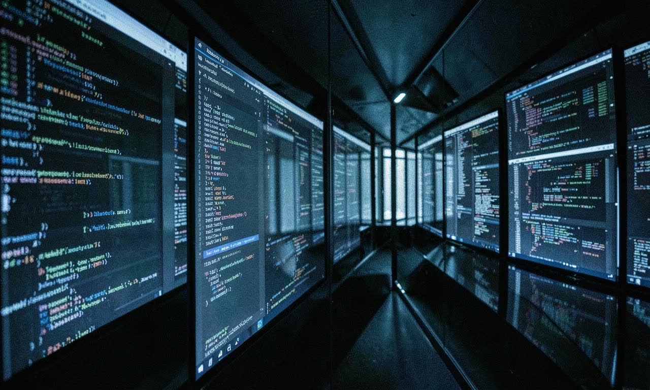 A code editor screen reflected in a mirror that also reflects itself recursively, cold blue lighting, photojournalistic