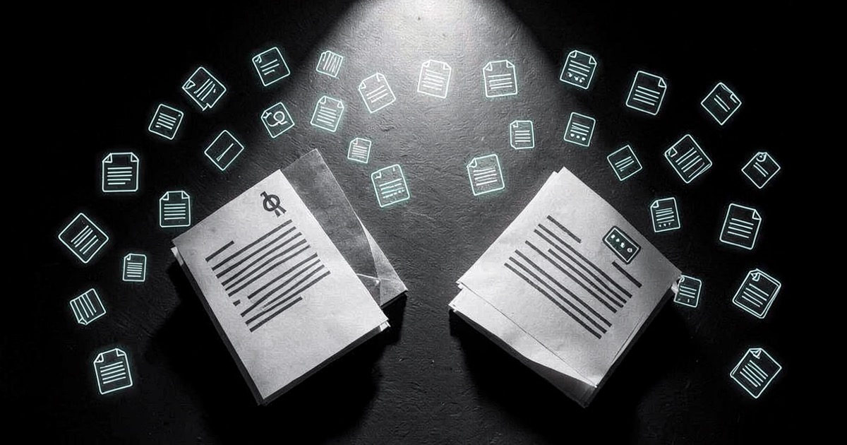 Abstract composition of dozens of glowing document icons scattered across a dark slate surface under a single overhead light, with two larger documents in the foreground casting long shadows.