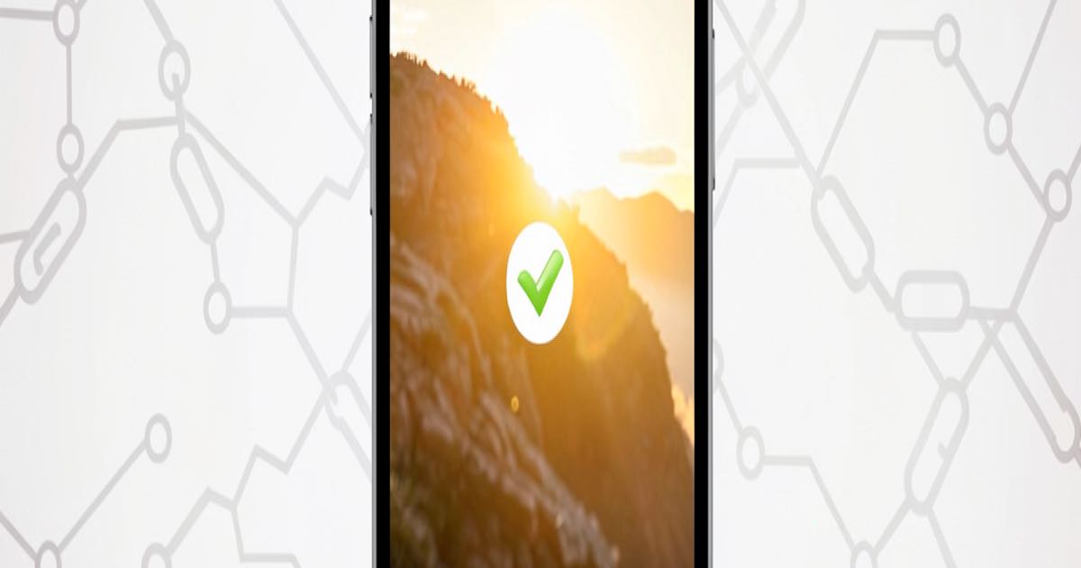 An iPhone camera interface showing a verification badge on a photograph, warm golden light, abstract provenance chain visualisation