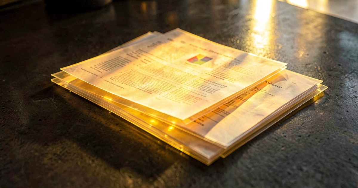 Abstract composition of stacked translucent paper sheets glowing with warm golden light on dark polished concrete, bright warm lighting, no text visible