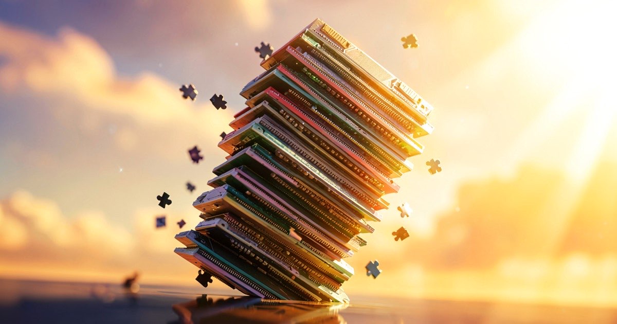 A bright abstract composition of a towering stack of semiconductor chips tilting dangerously under golden morning light, with smaller puzzle pieces falling away, vibrant warm lighting