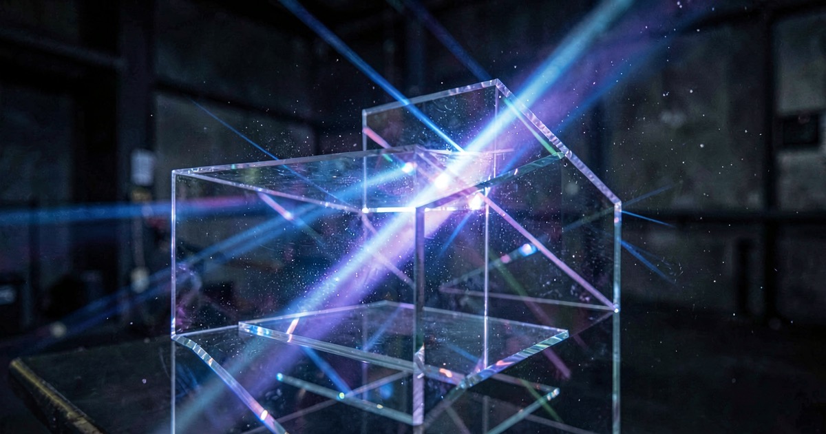 Abstract rendering of a complex precision optical system with blue and violet light beams passing through layered glass and mirrors on a dark industrial background.