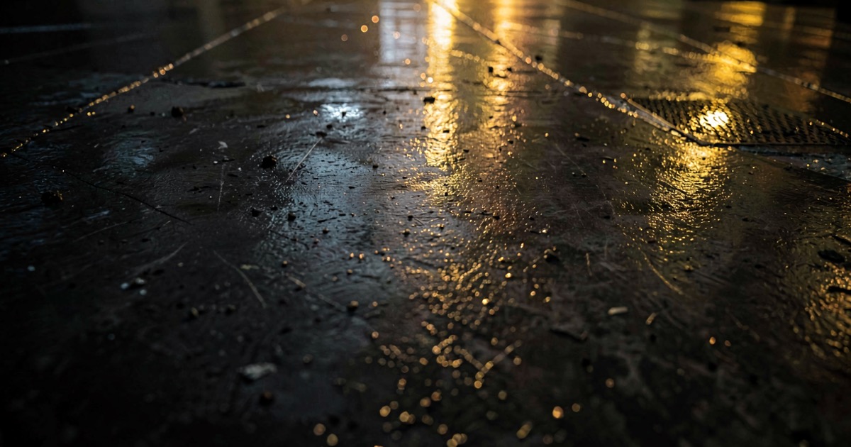 Dark concrete surface with scattered light reflections suggesting data and creative content in tension