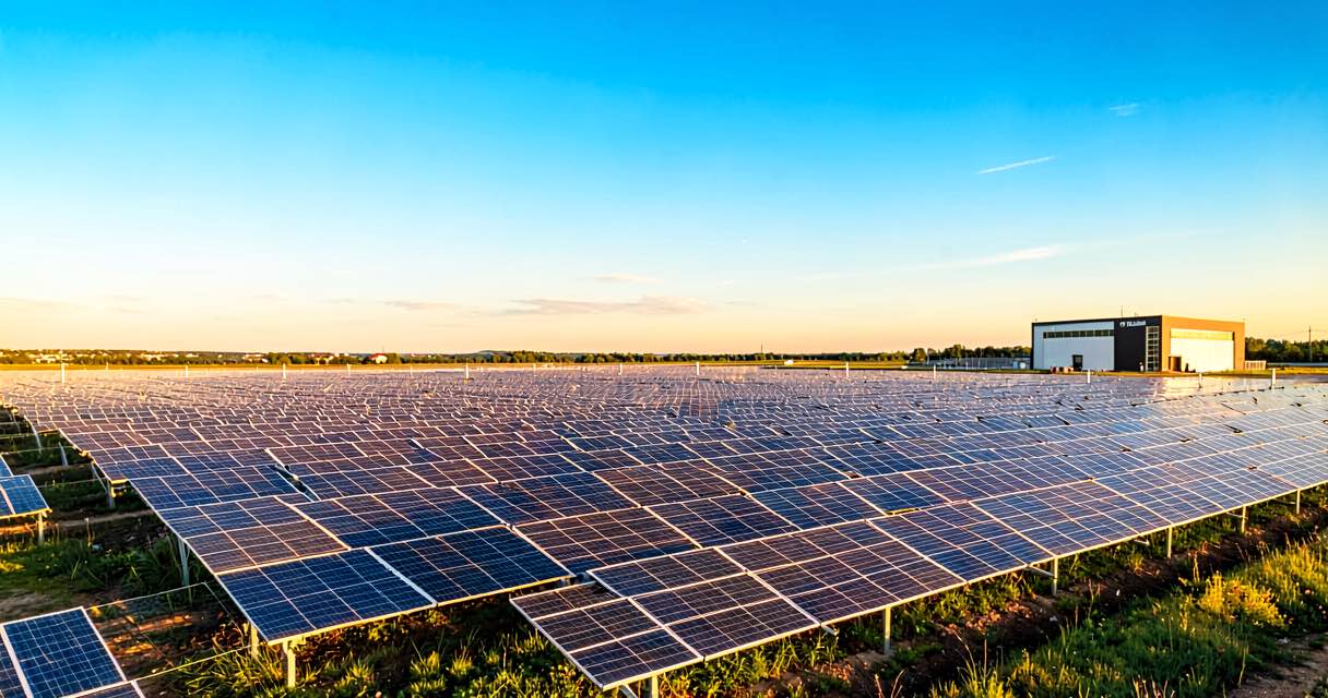 A vast solar farm stretching to the horizon under a bright blue sky, with a modern data centre building visible at the edge of the panel array, warm golden sunlight illuminating the scene