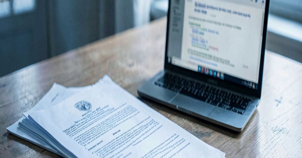 Editorial photograph of official government documents on a desk beside a laptop showing a web browser, natural lighting, shallow depth of field