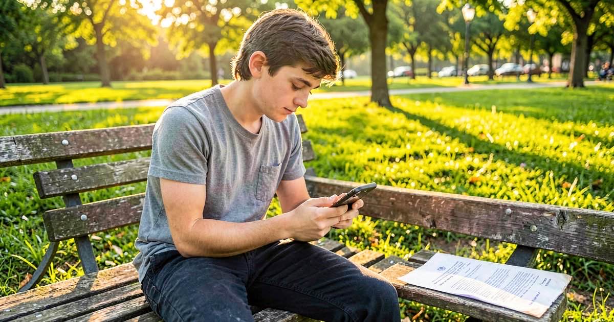 A bright, warm-lit scene of a teenager sitting on a sunny park bench scrolling a smartphone, with a faded regulatory document visible in the background, representing the gap between Australia's social media ban and actual teen behaviour.