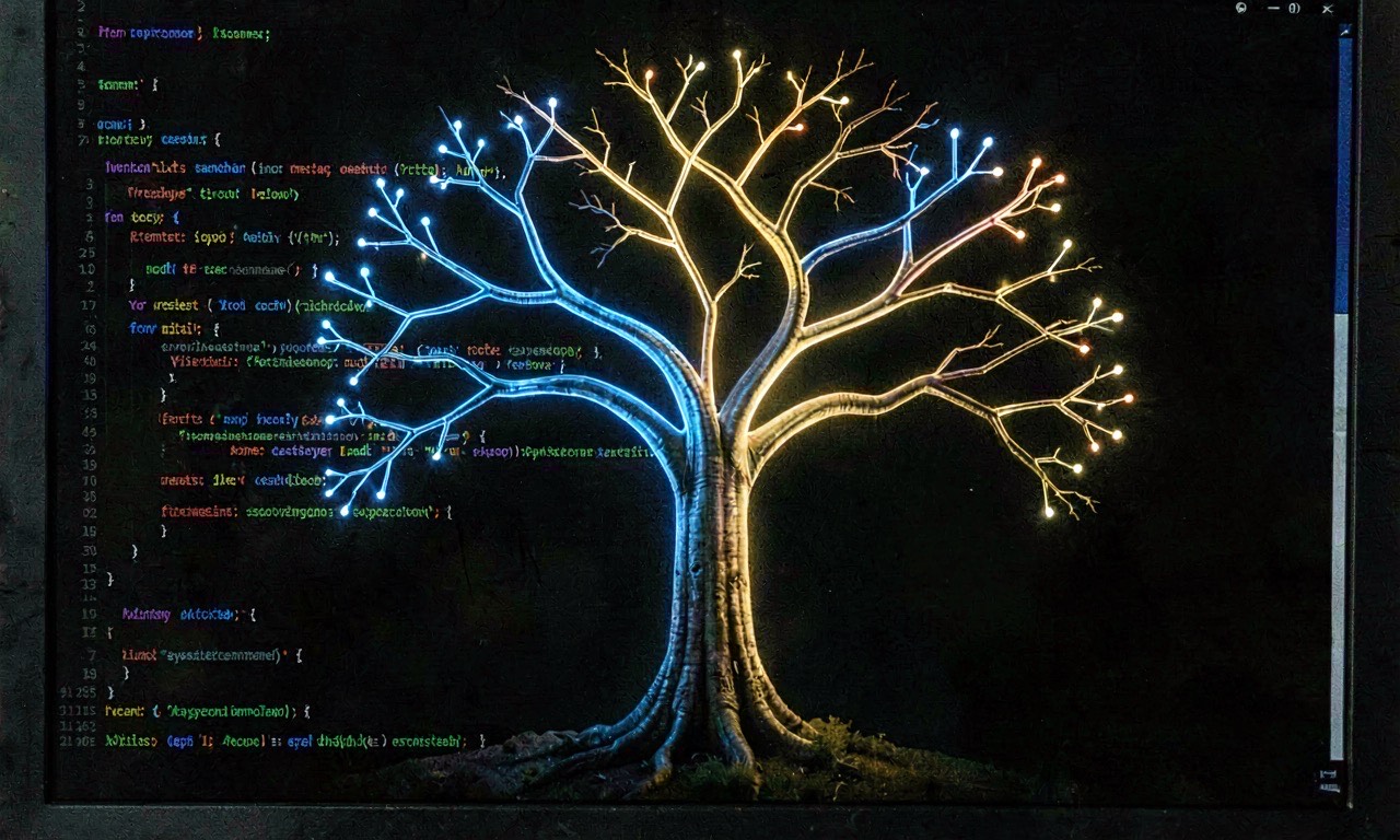 A glowing algorithmic tree structure emerging from a dark code editor, with branching paths lit in blue and gold against a black background, cinematic lighting, 35mm photography style