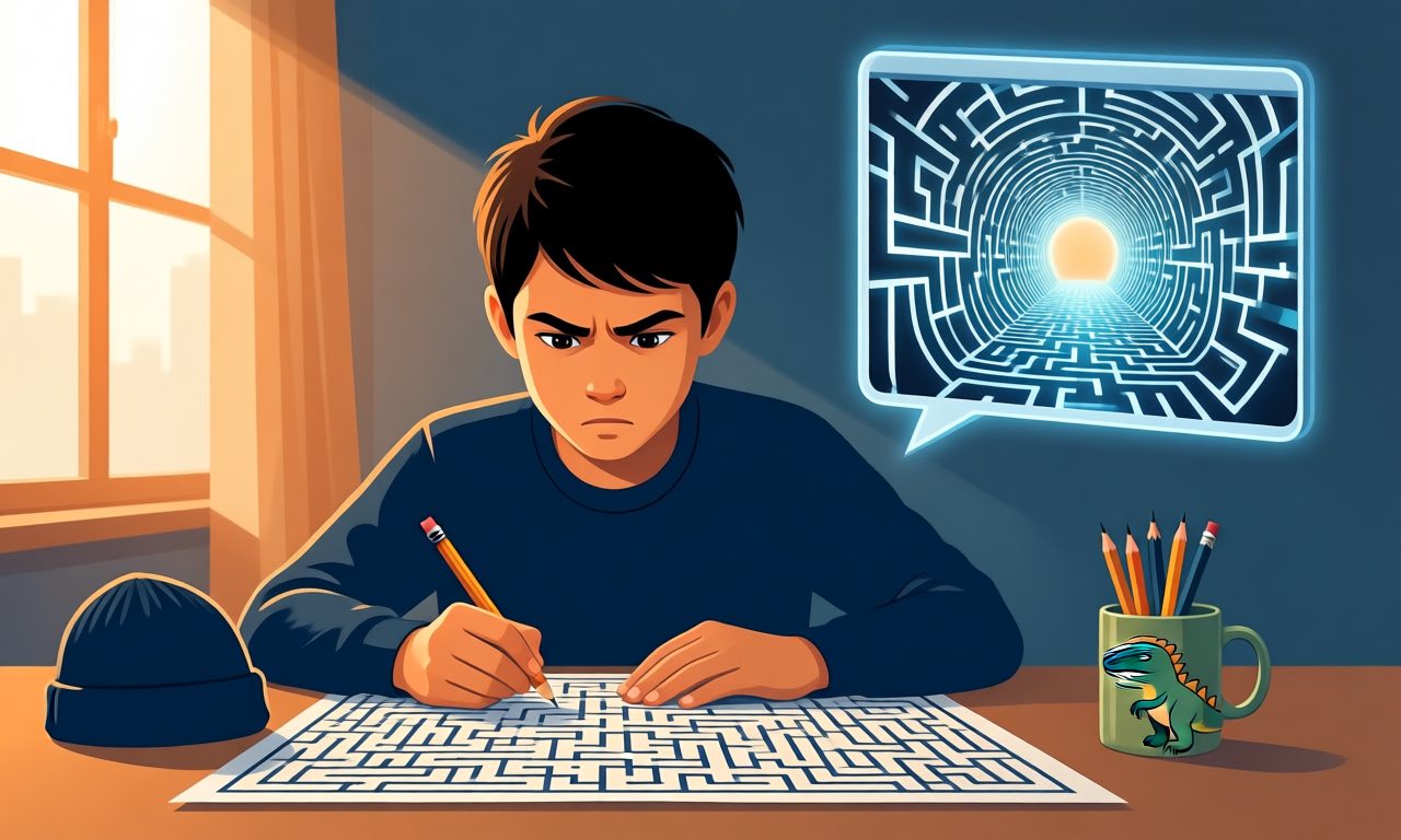An illustration of a focused student solving a paper maze with a pencil while a glowing chat window beside him offers a tunnel shortcut through the maze; a beanie and a dinosaur mug of pencils sit on the desk.