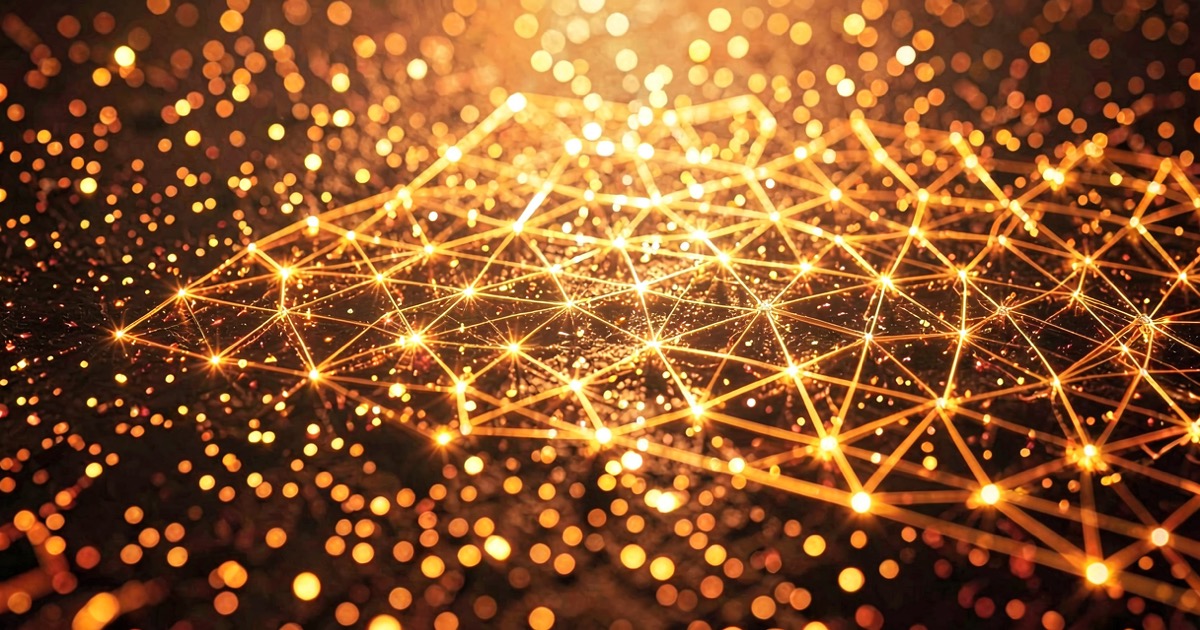 Abstract composition of a glowing molecular crystal lattice forming from scattered light particles on a bright warm sunlit surface with amber and gold energy filaments connecting into a grid
