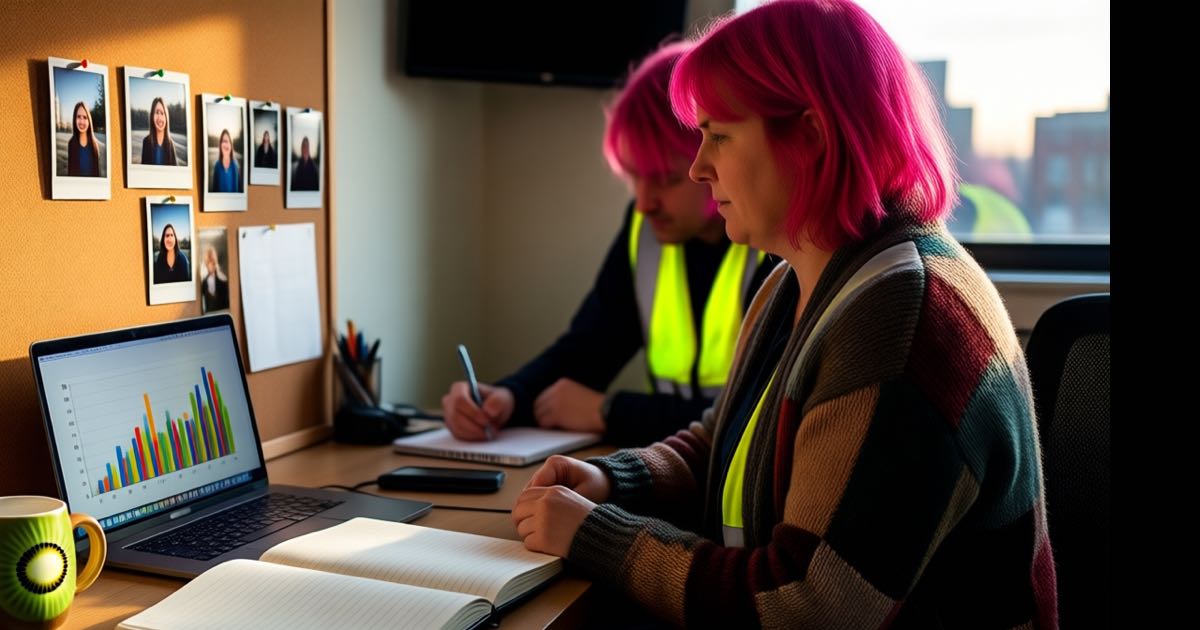 Two colleagues reviewing hiring charts at a desk at dawn, one with bright pink hair in a patchwork cardigan beside an open notebook, the other in a high-vis vest writing notes, a kiwi-bird mug and polaroid portraits pinned behind, warm documentary light