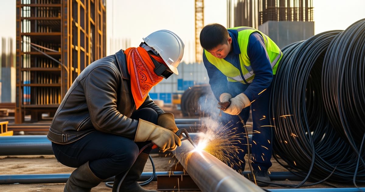 A welder in a white hard hat and orange bandana crouches over a steel pipe run with sparks flying at a data centre construction site, an apprentice in a hi-vis vest holding the clamp steady