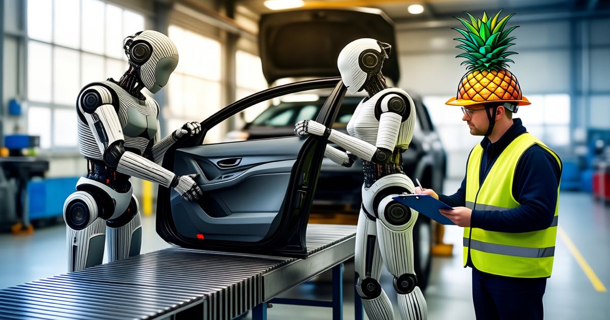 Two Boston Dynamics Atlas humanoid robots handle automotive parts on a workbench inside the RMAC training facility at Hyundai's Georgia Metaplant