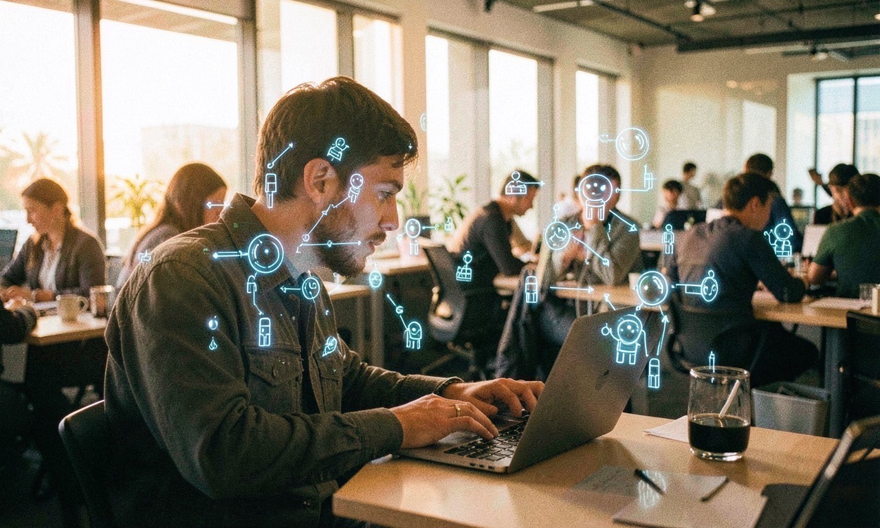 A person working at a laptop surrounded by glowing holographic robot icons representing AI bot traffic, warm golden hour lighting, documentary style