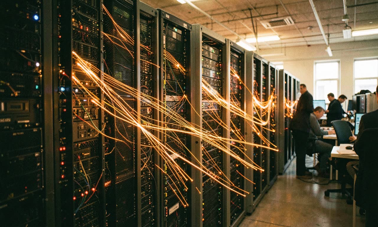 Server racks in a data center with automated traffic flowing through fiber optic cables, warm lighting, documentary photography