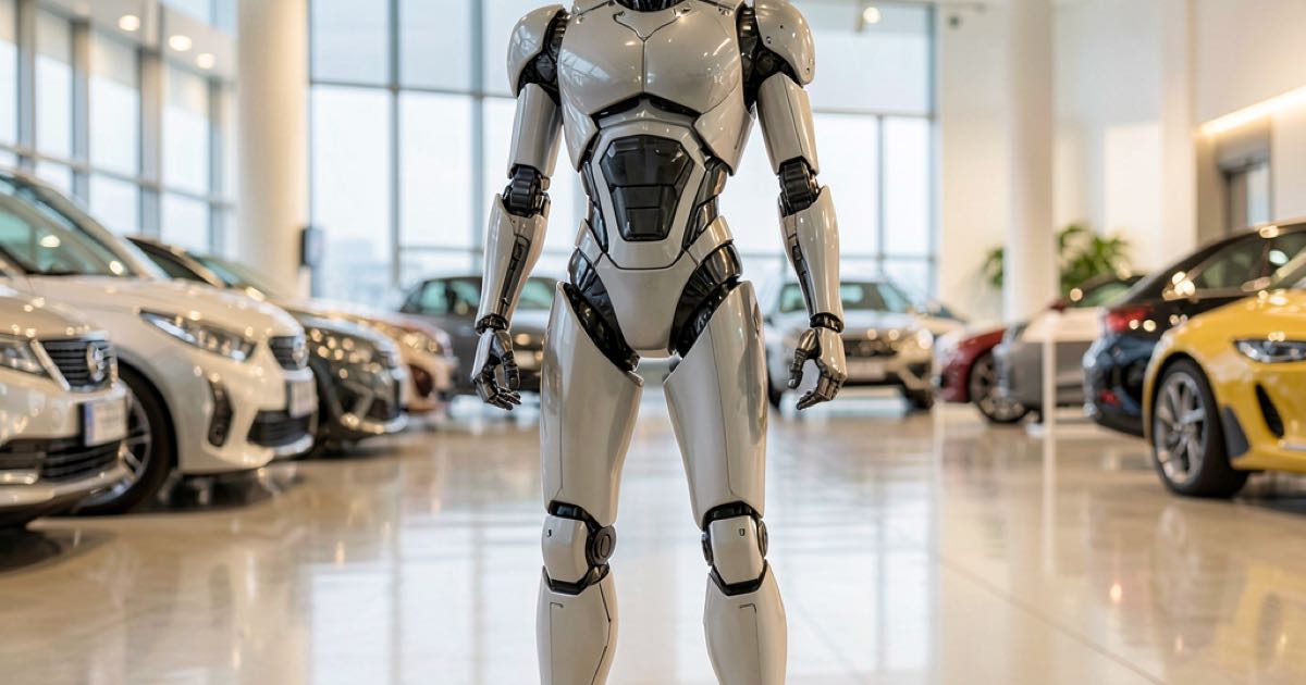 A sleek humanoid robot prototype on display in a modern showroom with bright lighting, suggesting an automotive company's product reveal.